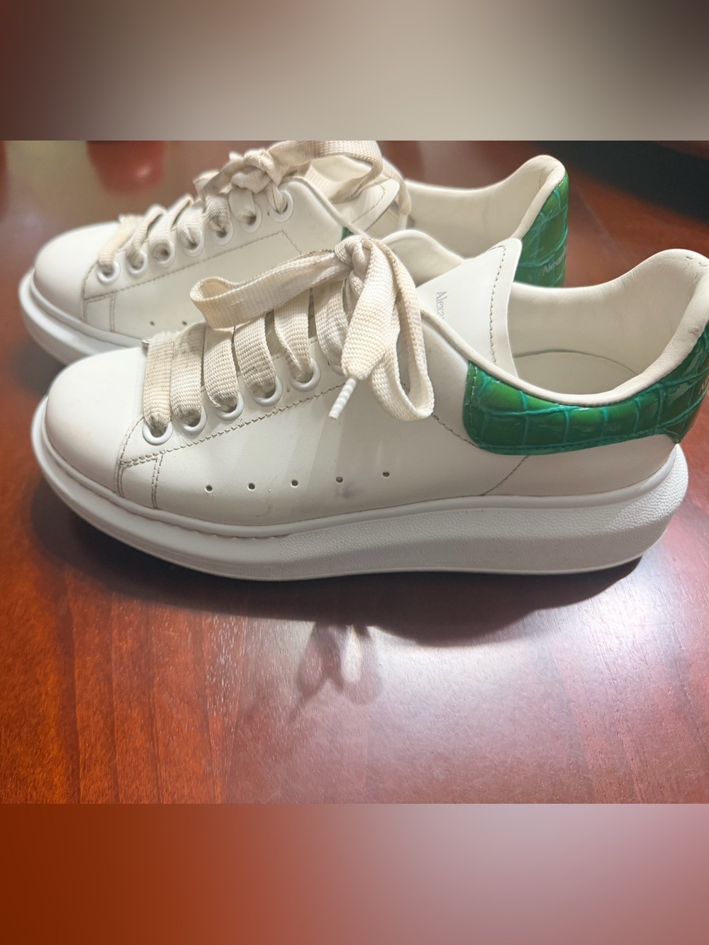 Alexander McQueen White Leather Platform Sneakers with Green Croc Heel